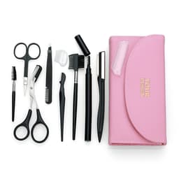 A pink eyebrow trimmer kit featuring black scissors, tweezers, brushes, and various grooming tools, enclosed in a case.