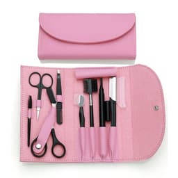 A pink eyebrow trimmer kit featuring various grooming tools and a matching case with a logo.
