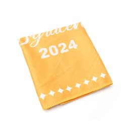 A yellow microfiber towel featuring a decorative pattern and a branding logo, folded neatly.