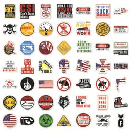 A variety of colourful sticker designs featuring slogans, symbols, and icons, including skulls and flags.