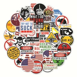 A collection of various stickers in vibrant colours featuring humorous and warning designs, including symbols and text.