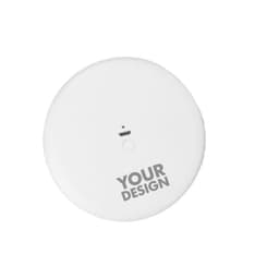A round white folding vanity compact mirror featuring a light and space for branding.