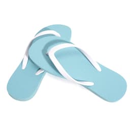 A pair of light blue rubber flip flops with white PVC straps, featuring a textured footbed.