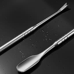 A stainless steel cuticle pusher in silver, featuring two distinct ends, resting on a dark, wet surface.
