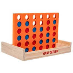 A Connect Four game featuring an orange grid with blue and red discs, set in a wooden frame.