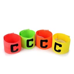 A set of four elastic polyester armbands in pink, green, orange, and yellow, each featuring a black letter 'C'.