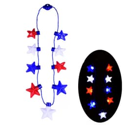 A light-up necklace featuring red, white, and blue star-shaped pieces connected by a blue string.