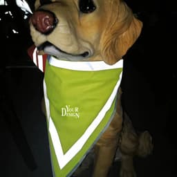 A reflective pet triangle scarf in bright green, displayed on a dog model, featuring a logo.