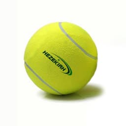 A bright yellow training tennis ball featuring a logo. The ball has a textured surface and white stripes.