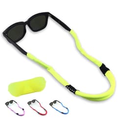 A neon yellow eyeglass string holder with black sunglasses, alongside various coloured straps. Includes a soft carrying pouch.