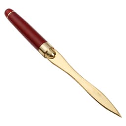 A wood handle letter opener with a burgundy handle and gold-tone blade, featuring a logo on the handle.