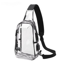 A transparent sling bag featuring black straps and a zippered compartment, with a logo on the front.