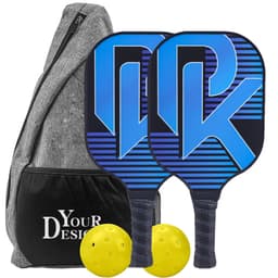 A grey portable sling bag with two blue pickleball paddles and two yellow balls. Includes a logo on the bag.