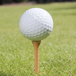 A white golf ball on a wooden tee, sitting on green grass. The image features a blurred background of foliage.