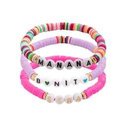 A set of stackable bracelets in vibrant colours, featuring beads with letters and accents in gold and white.