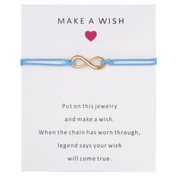 A braided blue bracelet featuring a gold infinity symbol, accompanied by wish cards.