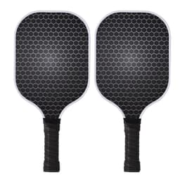 A set of two black fiberglass pickleball paddles with a honeycomb design and black grips.