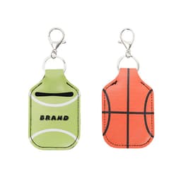 Two PU leather hand sanitizer holder keychains in green and orange, featuring sport-themed designs and a clip attachment.