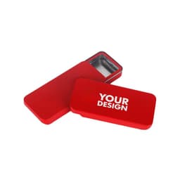 A red slide top tin box container with a silver interior, featuring a logo.