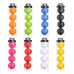 Eight tubes containing pickleballs in various colours: orange, green, blue, black, pink, red, white, and yellow. Each tube has a secure lid.