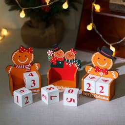 A festive advent calendar featuring gingerbread characters and dice with red numbers in orange and white.