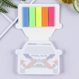 A portable sticky note pad with a police car design, featuring five vibrant page markers in blue, green, yellow, orange, and pink.