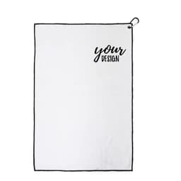 A white golf towel with a black border and a carabiner clip, featuring a space for a custom design.