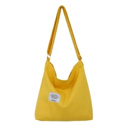 A yellow custom canvas shoulder bag featuring a single strap and a logo on the front.