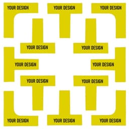 A set of bright yellow pickleball court marker lines in various shapes. Each marker features a placeholder design area.