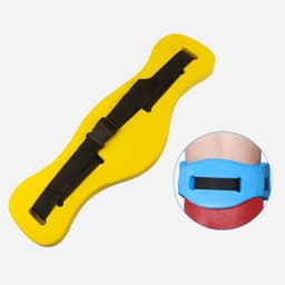 A yellow swimming training waist floating kickboard with a black strap, featuring a circular inset showing a blue and red variation.
