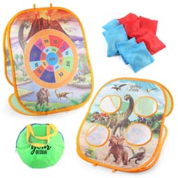 A colourful three-sided bean bag toss game featuring dinosaur illustrations and includes red and blue bean bags.