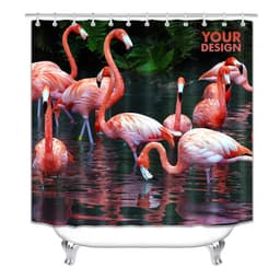 A polyester bathroom curtain featuring vibrant pink flamingos standing in water, with a dark green background.