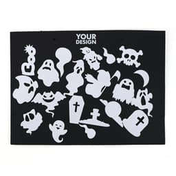 A sheet of Halloween glitter stickers featuring white ghost, skull, and spooky designs on a black background.
