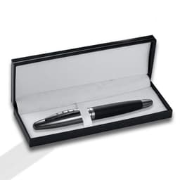 A metal ballpoint pen with a matte black handle in a stylish presentation box. Includes a logo on the pen.