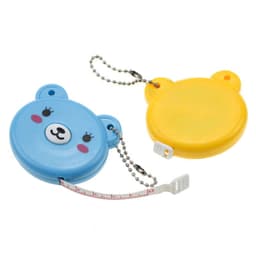A blue and yellow bear-shaped retractable tape measure with a chain for attachment. Features a playful design.