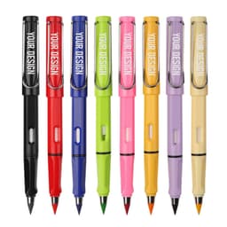 A selection of pencils in various colours: black, red, blue, green, pink, orange, yellow, and purple, with branding.