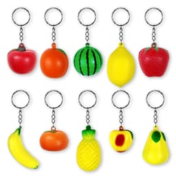 A collection of ten colourful fruit-shaped stress ball keychains, including apples, oranges, and bananas, each with a keyring.