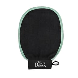 Exfoliating gloves in black with a mint green trim, featuring a black band with a logo.