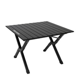 A portable folding camping table in black, featuring a slatted top and a logo on one side.