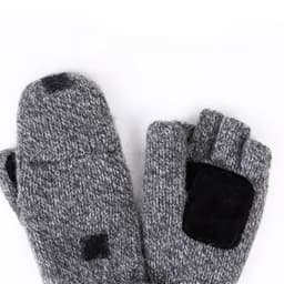 Wool fingerless pop-top gloves in grey with a black patch, featuring a textured knit design and an open finger style.
