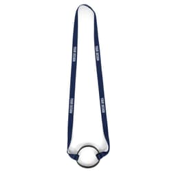 A drink bottle sling carrier with a navy strap and a circular attachment. It features a logo on the strap.