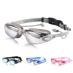 A pair of unisex adult swimming goggles in grey, with additional goggles in black, blue, and pink, featuring a logo.