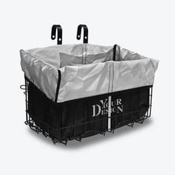 A black wire bike basket liner with a silver waterproof covering and hooks for attachment, featuring a logo.