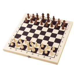 A foldable wooden chess set featuring light and dark pieces on a checkered board, complete with coordinates along the edges.