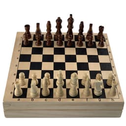 A foldable wooden chess set featuring light and dark wooden pieces on a checkered board. The set includes a storage compartment.