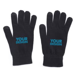 A pair of black gloves with a logo on the back of each hand. They are designed for touch screen use.
