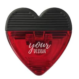 A heart-shaped red magnetic memo clip with a black top and space for custom designs.