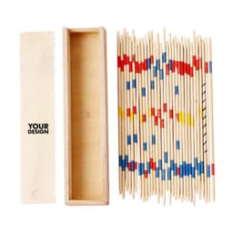 A wooden box containing multicoloured thin pick-up sticks, arranged alongside the empty container.