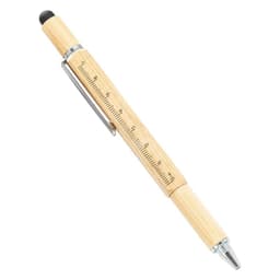 A multifunctional bamboo ballpoint pen in natural wood with a silver clip and a ruler detail along the barrel.