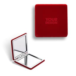 A red folding square pocket mirror with a smooth finish and a branding area on the exterior.
